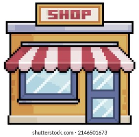 Pixel art shop store with red awning vector build for 8bit game on white background