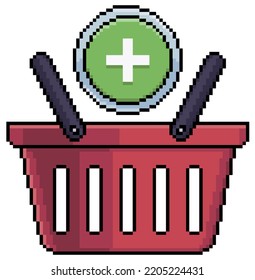 Pixel art shopping basket with add icon vector icon for 8bit game on white background
