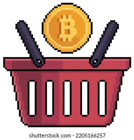 Pixel art shopping baskets with bitcoin vector icon for 8bit game on white background