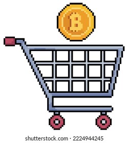 Pixel art shopping cart with bitcoin vector icon for 8bit game on white background