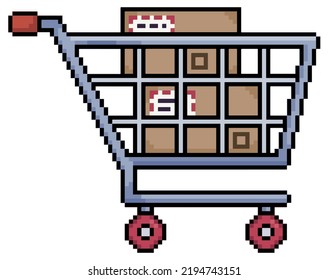 Carro de compras de arte de Pixel con cajas y paquetes, carrito de supermercados
icono vector para juego de 8 bits en fondo blanco
