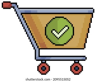 Carro de compras de arte de píxeles con símbolo marcado icono vector para juego de 8 bits sobre fondo blanco