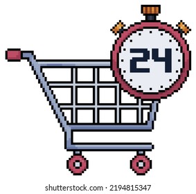 Pixel art shopping cart with clock. 24 hour supermarket vector icon for 8bit game on white background
