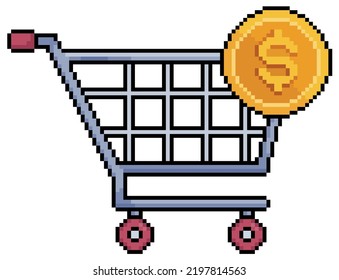 Pixel art shopping cart with coin. supermarket trolley vector icon for 8bit game on white background 