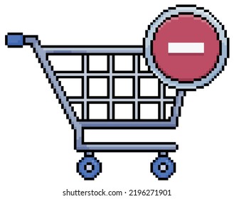 Carro de compras de arte de píxeles con icono de eliminar ítems vectores para juego de 8 bits en fondo blanco 