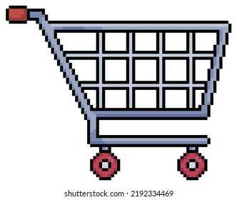 Carro de compras de arte de píxeles, icono del vector del carro del supermercado para juego de 8 bits sobre fondo blanco
