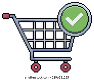 Pixel art shopping cart with verified icon vector icon for 8bit game on white background 
