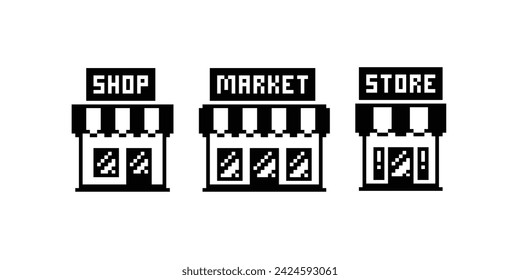 Pixel art shopping icon set - editable vector template. Pixel shop or store app sign. Market vintage sign. Marketplace pixel icons collection. Retro 8-bit computer game style shop, market, store