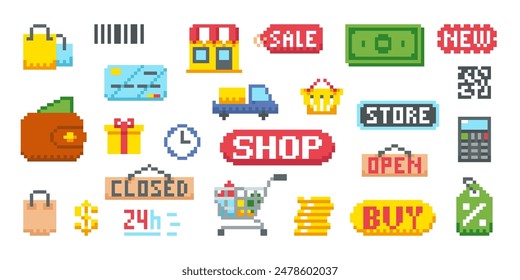 Pixel art shopping icon set. Pixel shop, open closed door sign retail store. Retro 8-bit icons for computer game marketplace.