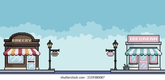 Pixel art shopping street with bakery and ice cream shop retro style Urban landscape Cityscape background for 8bit game
