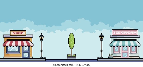 Pixel art shopping street with shops and avenue with lamp and trees. Cityscape background for 8bit game
