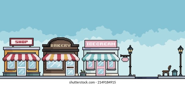 Calle comercial Pixel art y plaza con tiendas, panadería, helados. Entorno urbano Entorno urbano de fondo de Cityscape para un juego de 8 bits