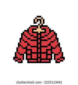 Pixel art short red puffer jacket or a down jacket on a hanger isolated on white background. Clothes icon. Old school retro vintage 90s, 80s 8 bit slot machine, 2d video game graphics