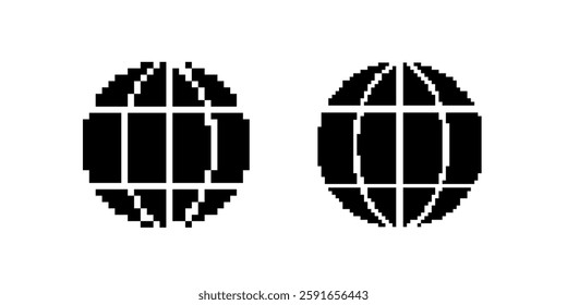 Pixel art showing two geometric globe designs, featuring vertical and horizontal line symmetry.