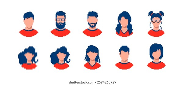 Pixel art showing various faces with different hairstyles and accessories in a colorful style.
