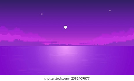 Pixel art shows a calm ocean beneath a vibrant purple sky with bright stars shining above.