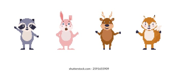 Pixel art shows raccoon, rabbit, deer, and squirrel. each holds a device adding digital charm.