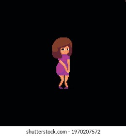 Pixel art shy flirty girl in pink dress looking at the side