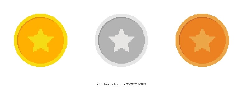 Pixel Art Silver, Gold and Bronze Coin Icon with Star Set. Retro Gaming Vector Currency. Isolated Vector Illustration.