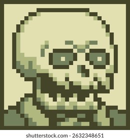 Pixel art skeleton character 8-bit, dead man, 80-s, avatar, scull face, cartoon vector icon, game user, web profile persons, people, social net portrait,  minimalistic style. Non-fungible token.