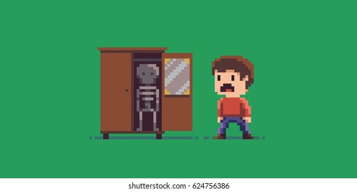 Pixel art skeleton in the cupboard and scared guy