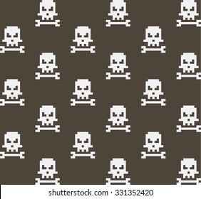 Pixel art skull and bone seamless pattern, vector illustration