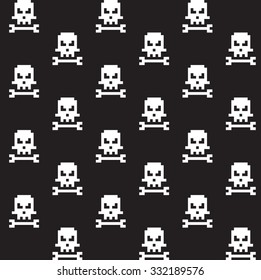 Pixel art skull and bone seamless pattern, vector illustration