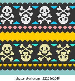 Pixel art Skull cartoon Pattern seamless . 8 bit funny skeleton head Background. pixelated Vector texture