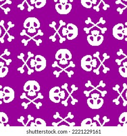 Pixel art Skull cartoon Pattern seamless . 8 bit funny skeleton head Background. pixelated Vector texture