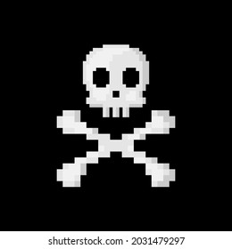 pixel art skull and crossbones. Black background. Vector. 8 bit style retro game.