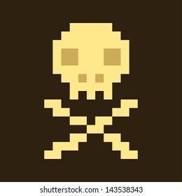 Pixel art skull and crossbones isolated, vector illustration