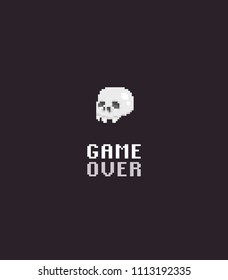 Pixel art skull with game over text on dark background