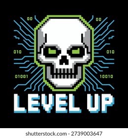 Pixel art skull illustration featuring level up text and circuit board lines for gaming merchandise. Cyberpunk tech skull vector design with level up slogan for esports and gaming.