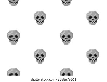 Pixel art skull seamless pattern. 8-bit retro video game style vector background.