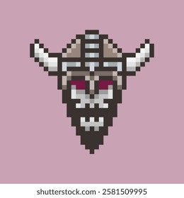 Pixel art of a skull viking wearing a horned helmet, the expression of the Viking suggests a fierce and determined warrior, evoking a sense of strength, courage, and adventure. Vector Illustration