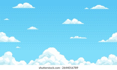 Pixel art sky background with cartoon cloud. Retro game design asset, 8 bit style for video game.