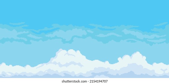 Fondo del cielo del arte del píxeles con nubes, vector cielo azul turbio para juego de 8 bits sobre fondo blanco

