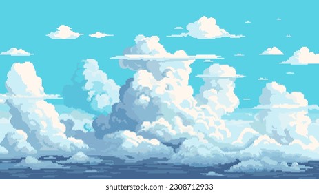 Pixel art sky background, clouds, blue sky, 8 bit game level, vector