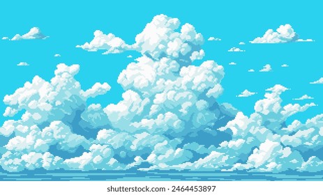 Pixel art sky background, clouds, blue sky, 8 bit game level, vector