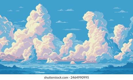 Fondo del cielo del arte del pixel, nubes, cielo azul, nivel del juego de 8 bits, Vector