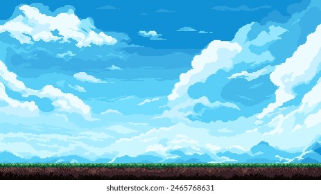 Pixel art sky background, clouds, blue sky, 8 bit game level, vector