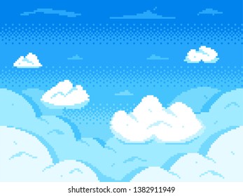 Pixel art sky. Clouds 8-bit skyline, retro video game cloud landscape and cloudy vector background