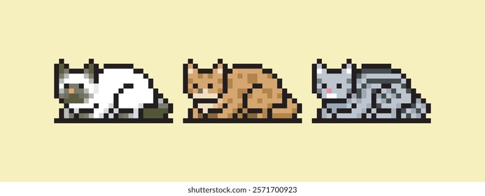 Pixel art sleeping cat, this can be used for stickers, game assets, game icons, or printed on t-shirts.