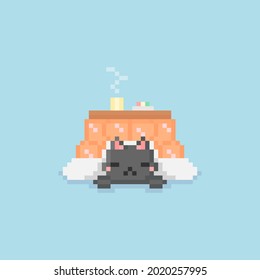 pixel art of sleeping kitty in kotatsu