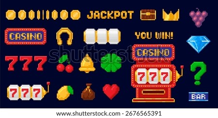 Pixel art slot machine. Pixelated 8 bit casino 777 lucky symbols, lemons, bells, diamonds, hearts, clover, horseshoe, jackpot and bar signs. Retro video game style gambling icons vector set.