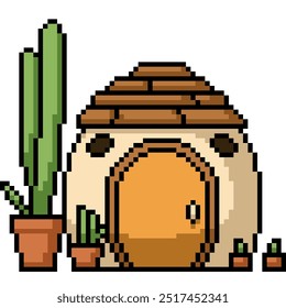 pixel art of small clay house isolated background