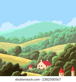 pixel art of small hill village