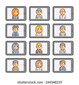 Pixel art smart phones and people