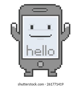 Pixel art smartphone, funny hello message with a smile