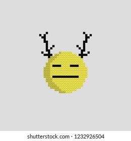 Pixel art smile, the emoji yellow indifferent face of plastic parts, deer horns . Vector illustration